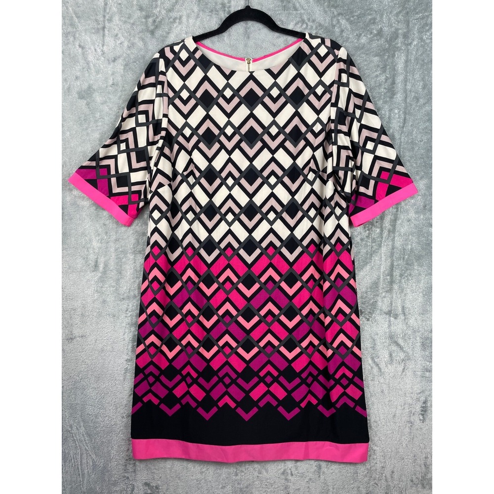 Eliza J Dress Womens 16W Pink White Geometric Shift Short Sleeve Art to Wear